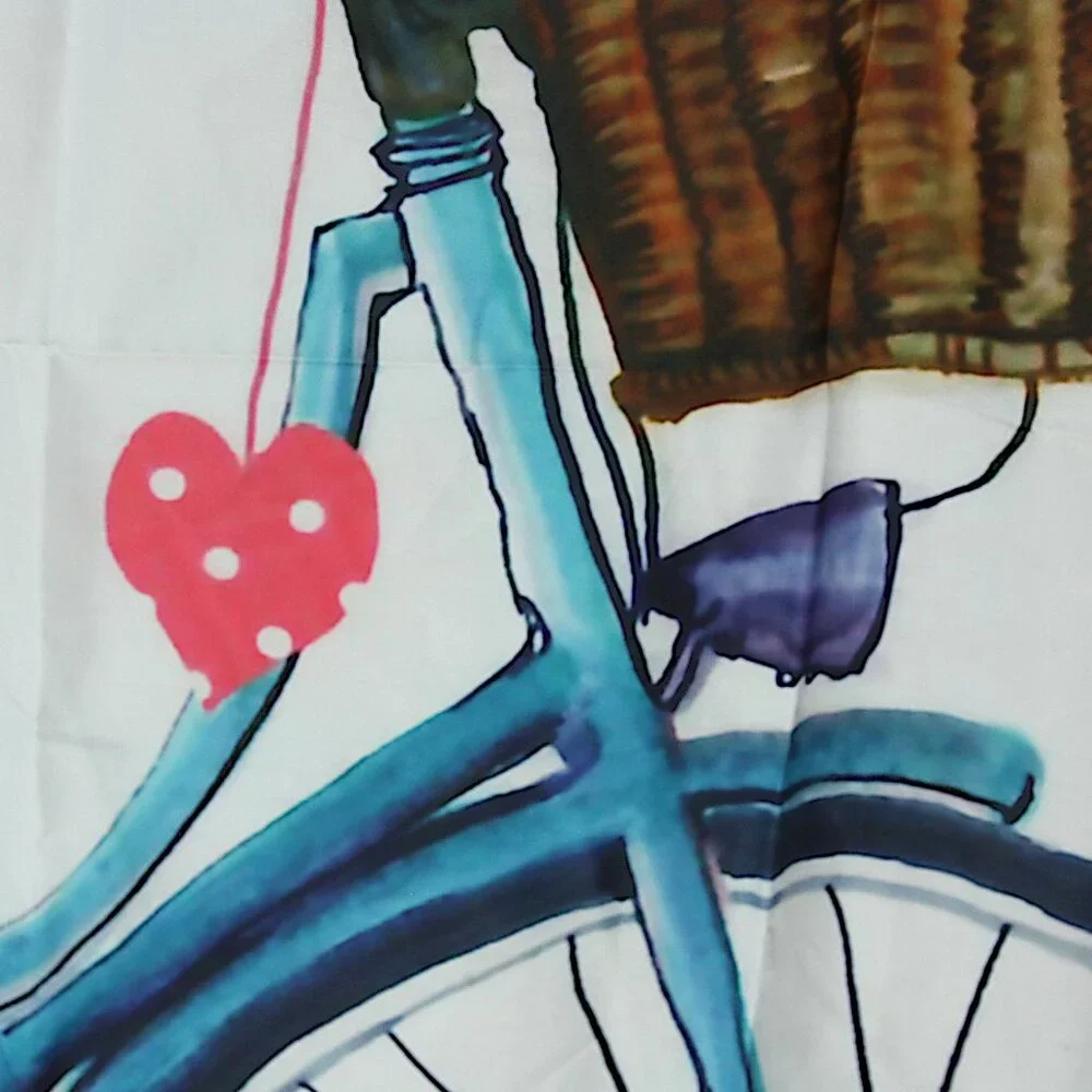 Fabric Shower Curtain Blue Bicycle Bike w Flower Basket Hearts Country Checkered